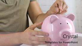  Presentation with piggy bank is evil - PPT theme consisting of figures coins balancing - man put coin background and a  colored foreground