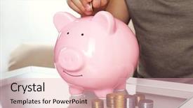  Presentation with banking bank vault door - Slide deck with figures coins balancing - man put coin background and a  colored foreground