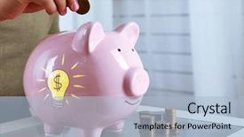  Presentation with piggy bank - Slide deck featuring figures coins balancing - man put coin background and a  colored foreground