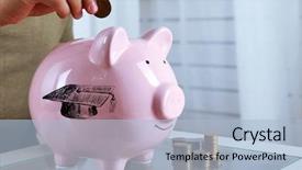  Presentation with piggy bank is evil - Colorful slide set enhanced with figures coins balancing - man put coin backdrop and a light blue colored foreground