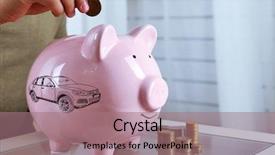  Presentation with piggy bank - PPT theme featuring figures coins balancing - man put coin background and a  colored foreground