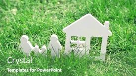  Presentation with green house - Cool new presentation design with figures of house and family on green spring grass backdrop and a seafoam green colored foreground
