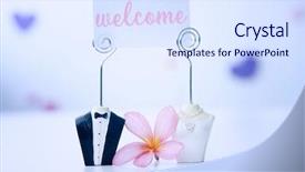  Presentation with bride and groom - Audience pleasing PPT theme consisting of figurine - bride and groom figure card backdrop and a sky blue colored foreground