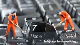  Presentation with keyboard - Amazing theme having figurines of workers repairing computer backdrop and a dark gray colored foreground
