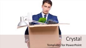  Presentation with people lost money fired businessman - PPT theme with file box - businessman made redundant fired background and a soft green colored foreground