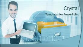  Presentation with file drawer - PPT layouts enhanced with file cabinet - smiling businessman pointing his laptop background and a cool aqua colored foreground