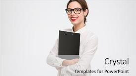  Presentation with file folder - PPT layouts with file folder - happy beautiful young business woman background and a white colored foreground