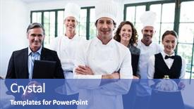 Presentation with restaurant - Presentation theme enhanced with file management - portrait of happy restaurant team background and a teal colored foreground