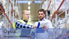  Presentation with warehouse - Audience pleasing PPT theme consisting of file management - worker and businessmen with clipboard backdrop and a teal colored foreground