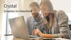  Presentation with artificial intelligence social work - Slide set featuring file shares - work colleagues sharing headphones looking background and a  colored foreground