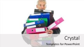  Presentation with administration - Slides consisting of file stack - elderly man in panic while background and a white colored foreground