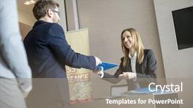  Presentation with file cabinets - Slide set with file to businessman at convention background and a gray colored foreground