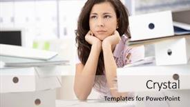  Presentation with bad world - Slides having file works - pretty secretary sitting among folders background and a soft green colored foreground