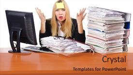  Presentation with busy - Slide deck consisting of file works - woman busy working background and a  colored foreground