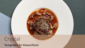  Presentation with main course - Audience pleasing presentation design consisting of filet-mignon-served-with-mushrooms backdrop and a coral colored foreground