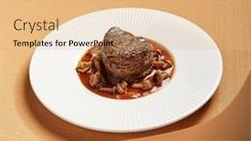  Presentation with main course - Audience pleasing PPT theme consisting of filet-mignon-served-with-mushrooms backdrop and a coral colored foreground
