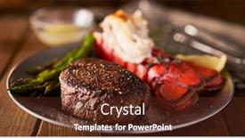  Presentation with steak - Presentation design enhanced with filet mignon steak with lobster tail surf and turf meal background and a tawny brown colored foreground
