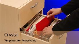  Presentation with woman outlaw - Beautiful presentation theme featuring filing cabinet - woman putting back backdrop and a coral colored foreground