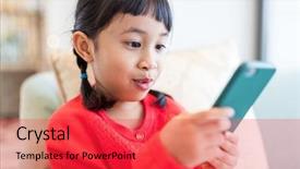  Presentation with filipino - Colorful slide deck enhanced with filipino games - little girl play with cellphone backdrop and a red colored foreground