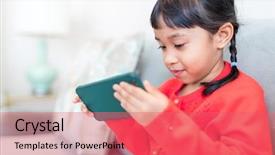  Presentation with mobile games - Slides having filipino games - little girl play with mobile background and a coral colored foreground