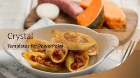  Presentation with pasta - PPT theme consisting of filled-pasta-with-sausage background and a yellow colored foreground