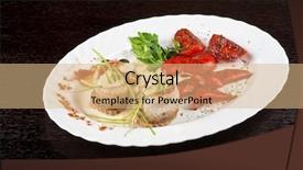  Presentation with trout - Theme having fillet of pikeperch stuffed with trout fish with baked pepper tomato and leek background and a coral colored foreground