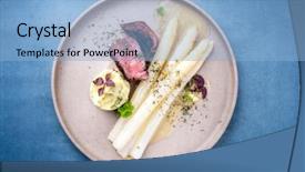  Presentation with white plate - Presentation design consisting of fillet steak with white asparagus background and a light blue colored foreground