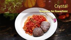  Presentation with tenderloin - Colorful slide deck enhanced with fillet tenderloin with pasta sauce with juice backdrop and a tawny brown colored foreground