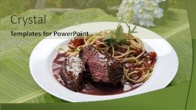  Presentation with tenderloin - Amazing slide deck having fillet tenderloin with pasta sauce with juice backdrop and a yellow colored foreground