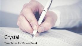  Presentation with contract - Colorful slide deck enhanced with filling form - business woman signing contract backdrop and a white colored foreground