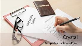  Presentation with passport - Amazing theme having application form at table immigration backdrop and a mint green colored foreground