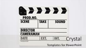  Presentation with clapper - Colorful presentation design enhanced with film banners - movie clapper board on white backdrop and a light gray colored foreground