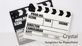  Presentation with clapper - PPT theme featuring film banners - movie clapper board on white background and a light gray colored foreground