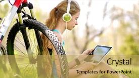  Presentation with cycling - Beautiful presentation theme featuring film book - bikes cycling girl wearing headset backdrop and a yellow colored foreground
