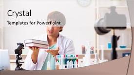  Presentation with navy video - Colorful PPT layouts enhanced with film book - chemist blogger recording video backdrop and a white colored foreground