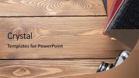  Presentation with notepad - PPT layouts featuring film book - office desk table with camera background and a coral colored foreground