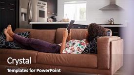  Presentation with digital book - PPT layouts enhanced with film book - woman lying on sofa background and a tawny brown colored foreground