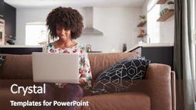  Presentation with home - Slide deck enhanced with film book - woman sitting on sofa background and a tawny brown colored foreground