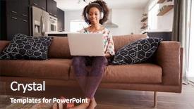  Presentation with laptop wireless - Colorful PPT theme enhanced with film book - woman wearing wireless headphones sitting backdrop and a tawny brown colored foreground