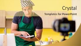  Presentation with food preparation - Amazing presentation having film book - young chef blogger explaining food backdrop and a blonde colored foreground