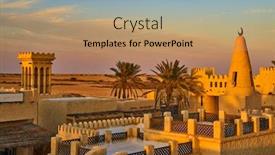  Presentation with arabic - Slide deck with film-city-traditional-arabic-village background and a coral colored foreground