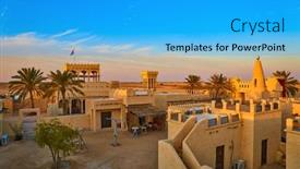  Presentation with arabic - PPT theme featuring film-city-traditional-arabic-village background and a cyan colored foreground