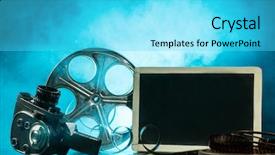  Presentation with film reel - Audience pleasing PPT theme consisting of film claper with film reel backdrop and a cyan colored foreground