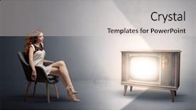  Presentation with television watching - Amazing PPT theme having film cooling - elegant young lady watching backdrop and a  colored foreground