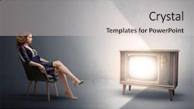  Presentation with technology old vintage television - Slides enhanced with film cooling - elegant young lady watching background and a  colored foreground