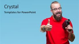  Presentation with video background - Amazing presentation having film cooling - young caucasian hipster man filmming backdrop and a light blue colored foreground