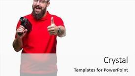  Presentation with video background - PPT layouts with film cooling - young caucasian hipster man filmming background and a white colored foreground