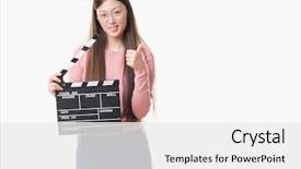  Presentation with chinese - Slide set enhanced with film cooling - young chinese woman over isolated background and a  colored foreground