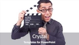  Presentation with film director - Slides with film director - funny man with movie clapper background and a tawny brown colored foreground