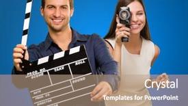  Presentation with director - Slide deck featuring film director - man holding clapper board background and a coral colored foreground